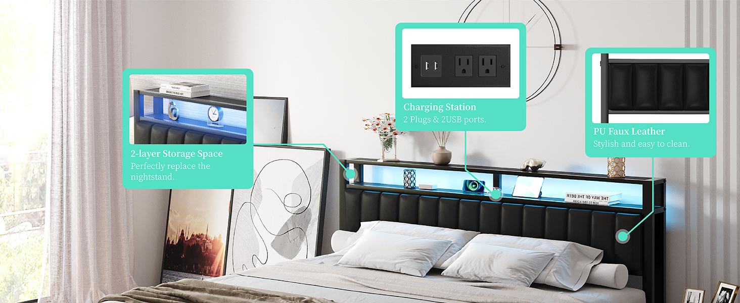 AMERLIFE Modern Metal Bed Frame, Wood & Faux Leather Headboard with Charging Station & 2-Tier Storage Space/No Box Spring Needed/Unique Bedroom Furniture/Home Design/Best Gift Ideas/Christmas Gifts