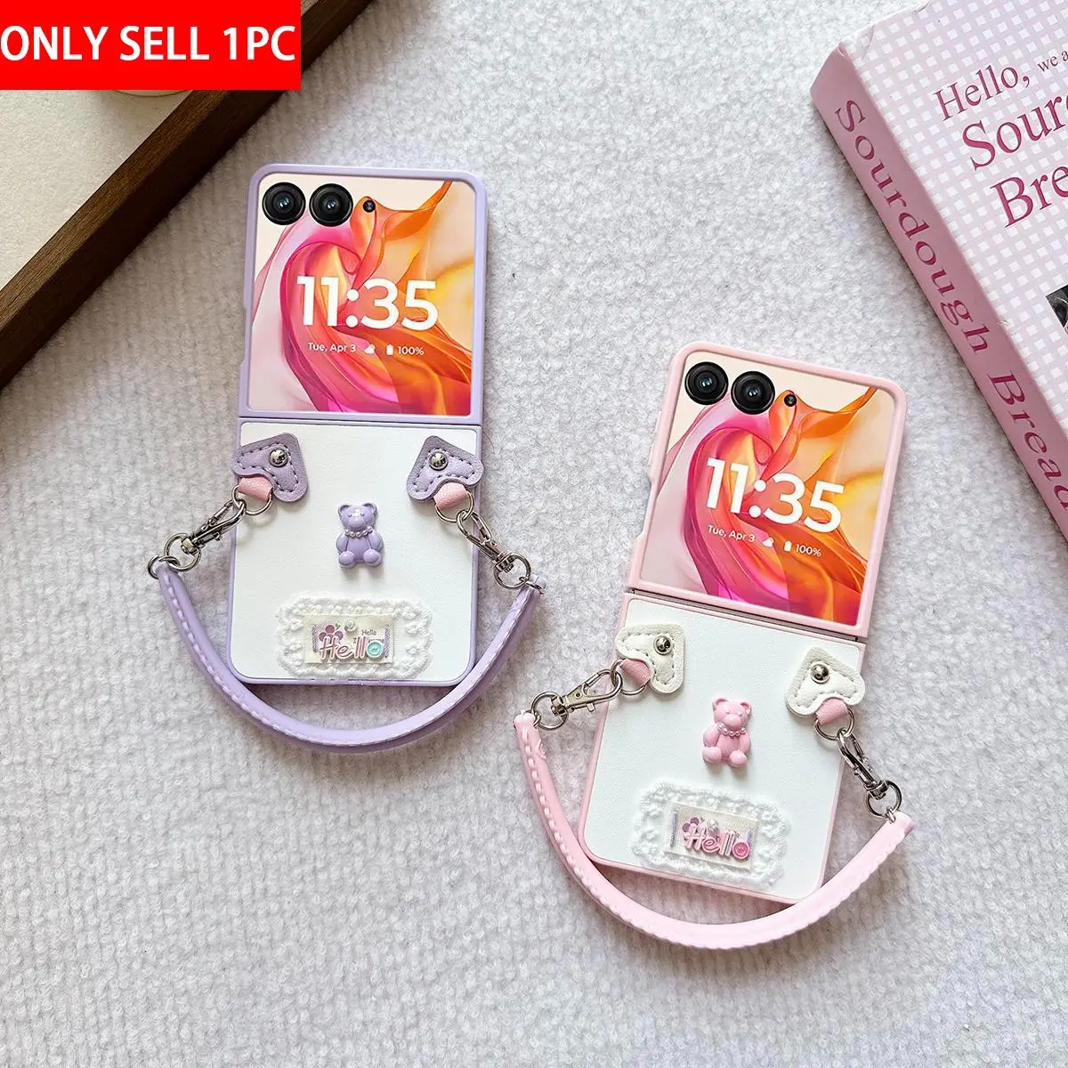 PU leather bear-shaped Smartphone Protective case with a silicone hand strap, featuring a hard PC back plate for Shockproof protection. Compatible with Motorola Razr 2024, Razr 2025, Razr 2026, Razr 70 60 50 Ultra, Mobile Phone Accessory