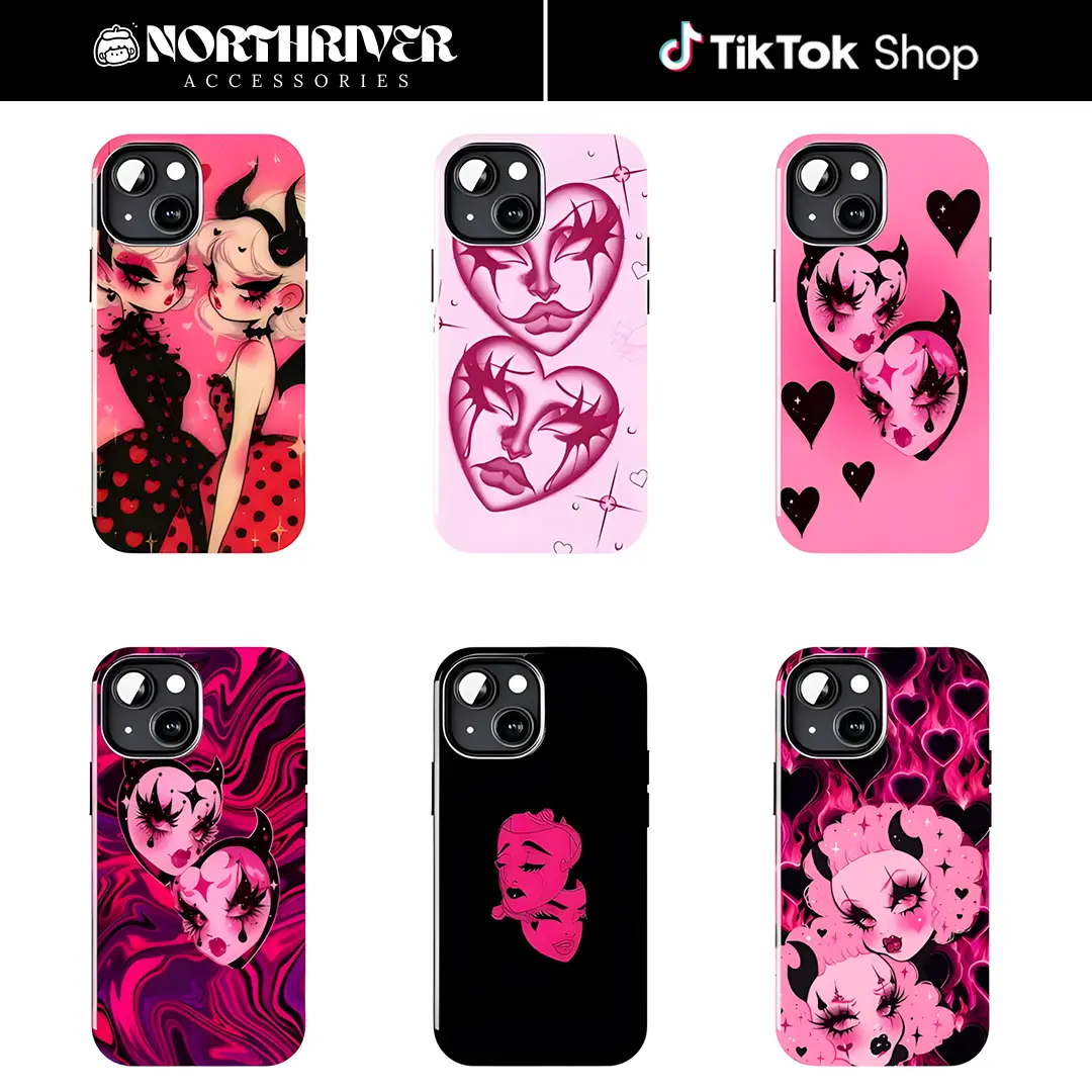Pink Y2K Devil Girl Tough Phone Case, Aesthetic Gothic Heart Cover, Durable Shockproof Shell for iPhone 17 16 15 14 13 12, Gift for Her