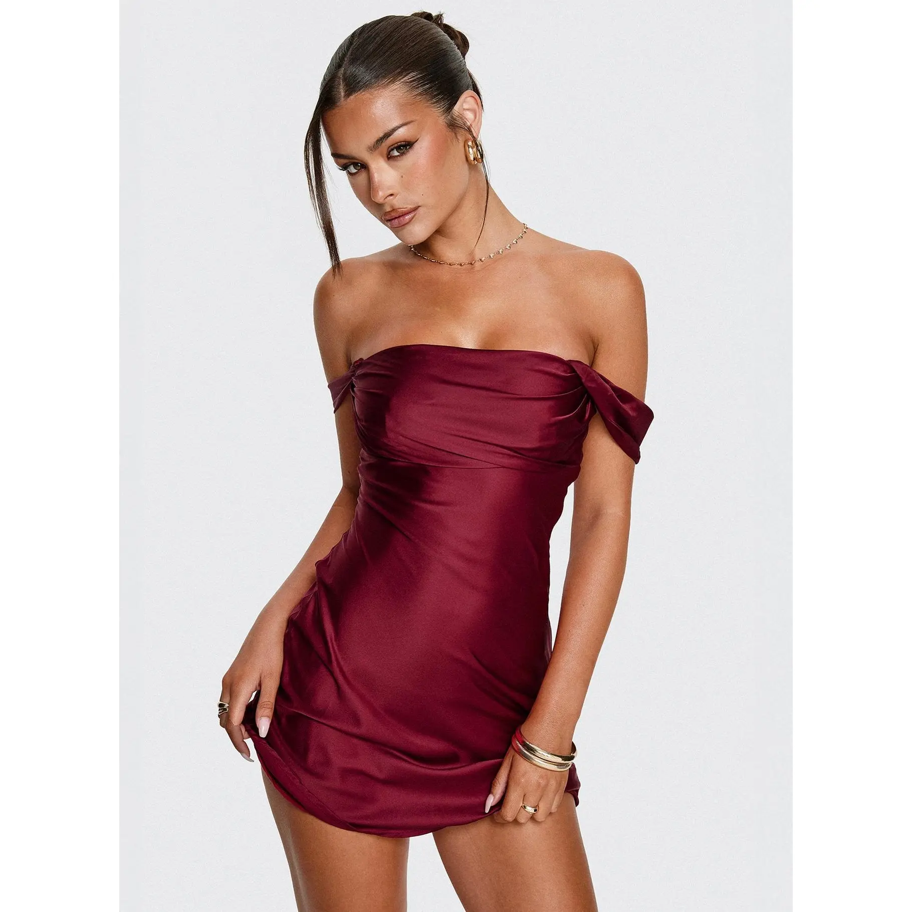 Zabbarra Off The Shoulder Mini Dress Burgundy - TikTok Shop