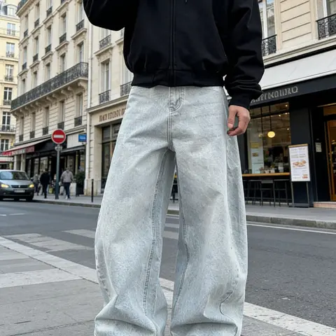 SRETOUU Men's High Street Minimalist Light Snow Wash Baggy Jeans 5-Pocket Design Menswear Denim Pants Classic Streetwear