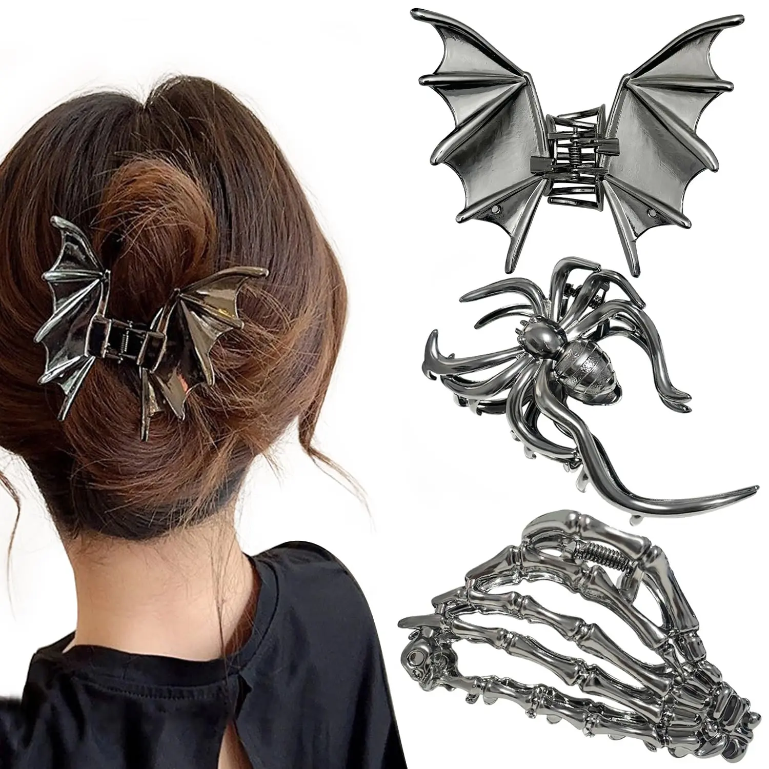 3 Pieces Large Metal Spier Net Bat Han Hair Claw Clips for Women an Girls Thick Long Hair, Nonslip Skeleton Spooky Barrette Heaban Hair Styling Accessories for Halloween Christmas Gifts
