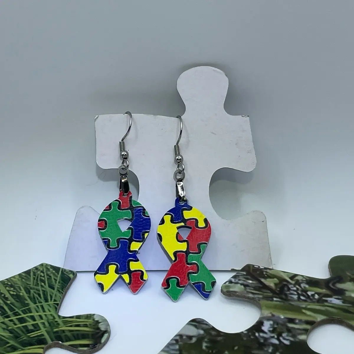 Autism Puzzle Piece Earrings Female Casual - Faux Leather Design with Navy HTV Vinyl Backing