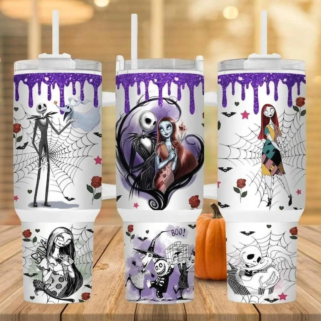 Jak and Say Nighre Bore Chrmas Tumbler Stainless Steel 40oz Halloween Purple Drip Cup with Straw Skinny Cup