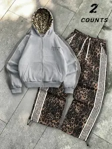 Unisex Street Vintage Style Leopard Print Hoodie Set, Soft Short Sweatshirt and Thin Striped Pants, Casual Fashion