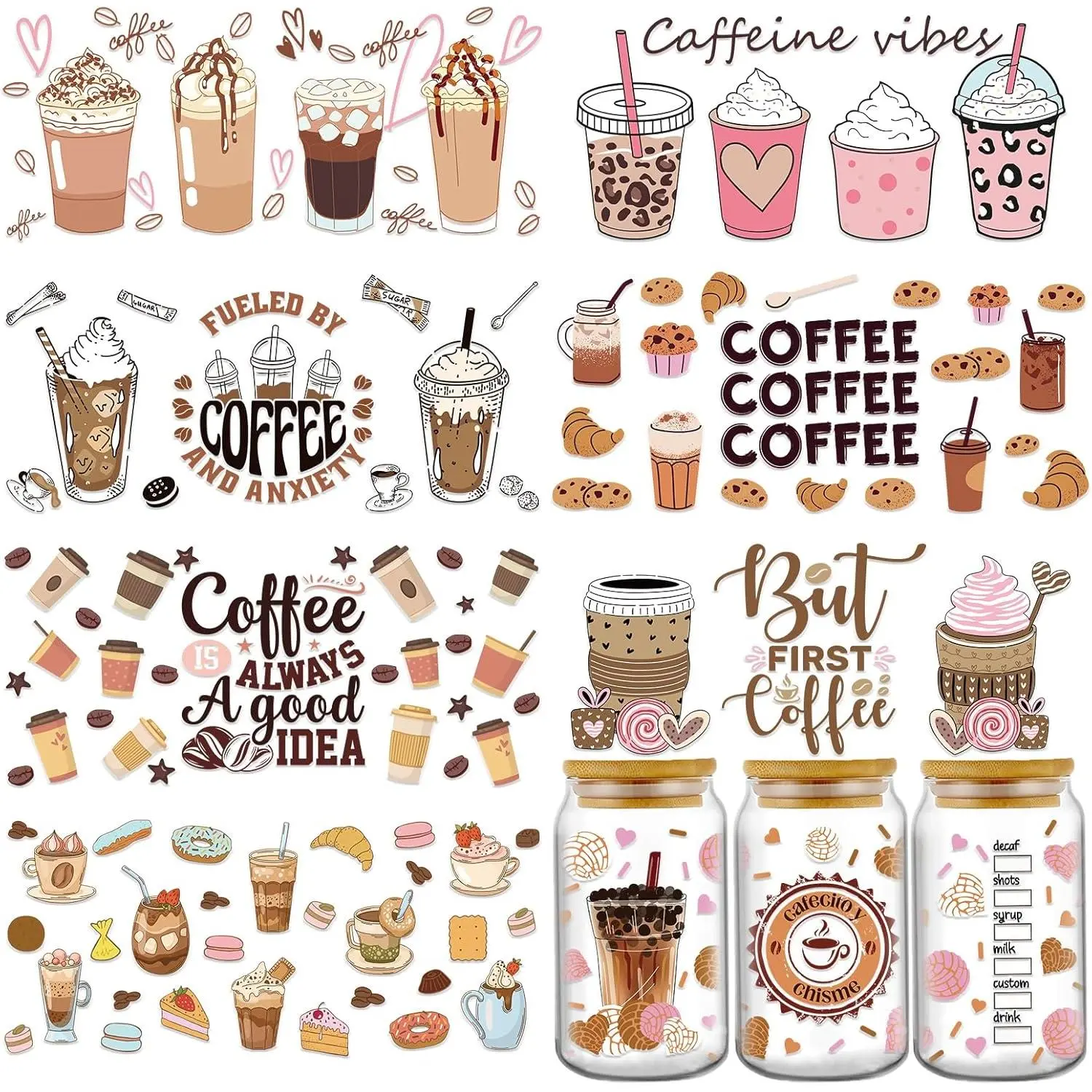 UV DTF Cup Wrap - 8 Sheets Coffee UV DTF Cup Wraps for 16 oz, Cake Drink Milk  Uvdtf Decals,  Ice Cream Rub on Transfer Stickers for Glass, DIY  Crafts