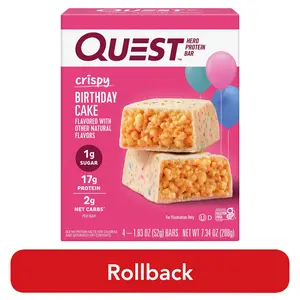 Quest Crispy Hero Protein Bar, Birthday Cake Flavor, Low Sugar, 4 Count