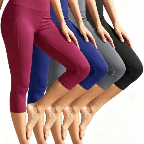 Women's 4PCS 7/8 Length Pocket Leggings - High Waisted Tummy Control, Athletic Stretchy No See-Through 7 Quarter Sports Capri Pants, Workout Clothes, Athleisure Fitness Pants for Yoga, Gym & Everyday Wear