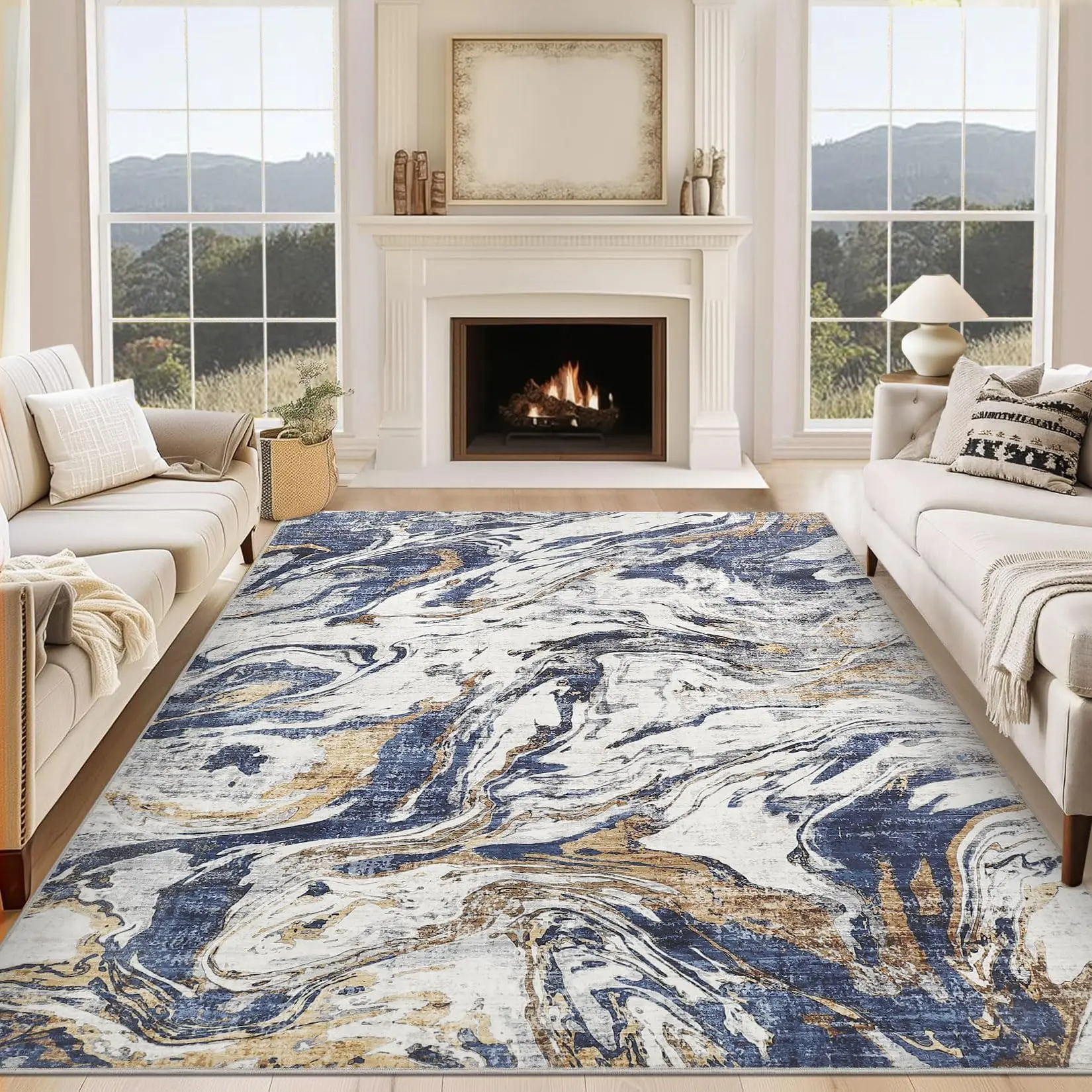 Modern Abstract 5x7 Area Rug Machine Washable Rugs Low Pile Non Slip Non Shedding Rugs Foldable Carpet for Living Room Bedroom Office, Blue