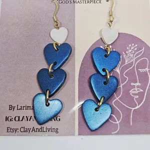 Clay & Living Handmade Earrings Blue Hearts Dreamy Polymer Clay with heart Bead. 14K Gold Filled Hardware Flexible Lightweight 1 Year Guarantee