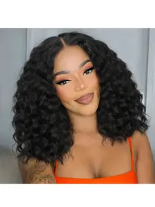 12 Inch Deep Wave Wigs, Natural Curly Wig, Synthetic Hair Short Bob, Middle Part, Curly Wave, Daily Life or Party Use, Deep Wavy Wigs