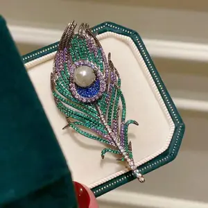 Silver-Toned Peacock Feather Brooch - Multi-Colored Crystals, White Pearl Center, for Daily, Ideal Gift for Peacock Lovers