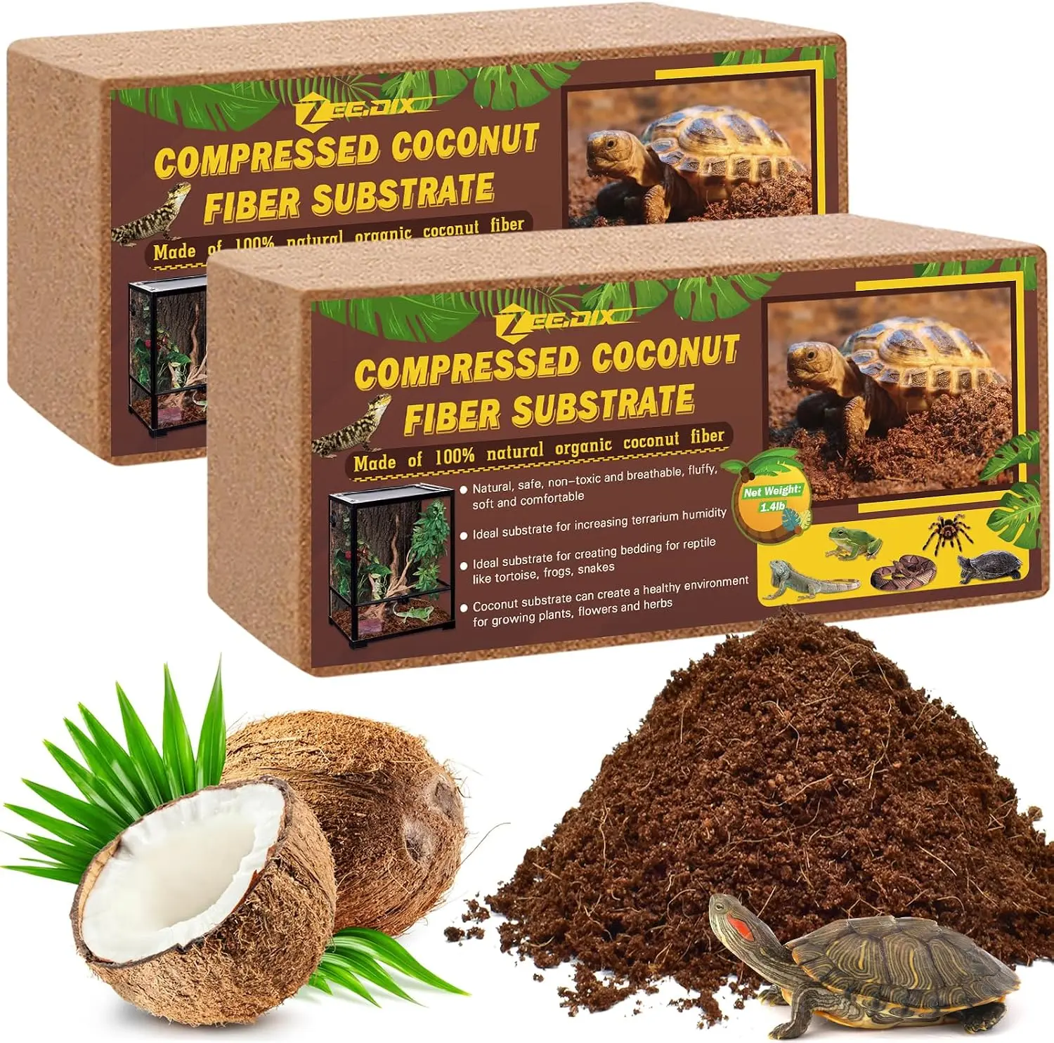 ZeeDix 2 Pack Coconut Fiber Substrate, Premium Coco Coir Reptile Substrate | 100% Coconut Husk Terrarium Bedding for Reptiles, Tortoise, Bearded Dragon, Gecko, Snake, Hermit Crabs, Frogs, Tarantula