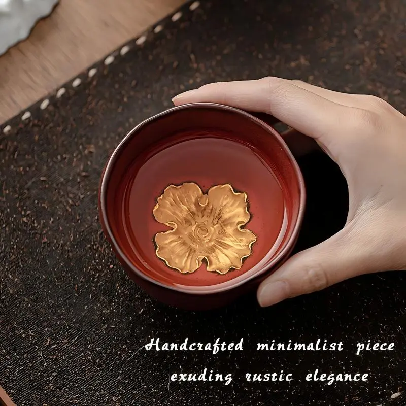 Handmade Persimmon Red Ceramic Tea Cup with Gold Inlaid Lotus, Kung Fu Master Cup