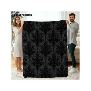 Elegant Vintage Black Damask Pattern 2D Printed Soft Cozy Flannel Throw Blanket for Home Couch Bed Decor