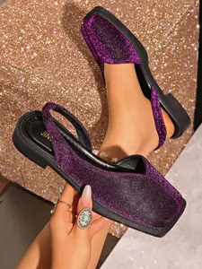 Women's Silver Color Sparkle Square Toe Low Heel Sandals, Retro Shiny Style, Daily Commute Date Shoes, Fashionable and Comfortable