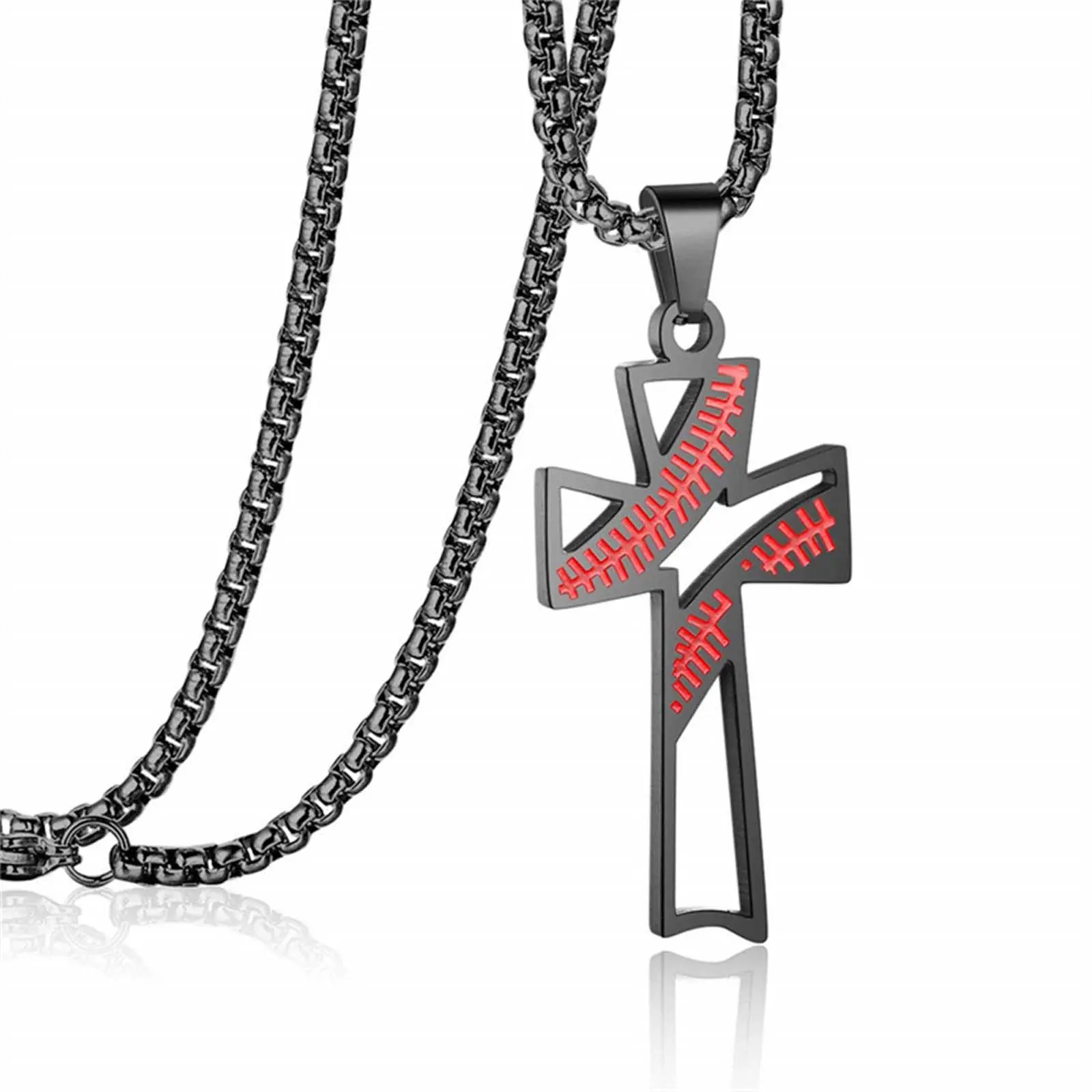Unisex Stainless Steel Hollow Baseball Cross Pendant Necklace, Adjustable 24in Chain, Religious Jewelry for Birthday, Casual, Sports Gifting