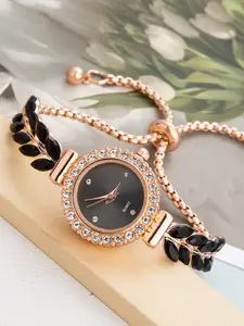 New Casual Fashion Women's Bracelet Watch, Cute Round Dial with Crystal Leaves Feather Band, Alloy Quartz Watch, Holiday Gift, Quartz Analog Watch