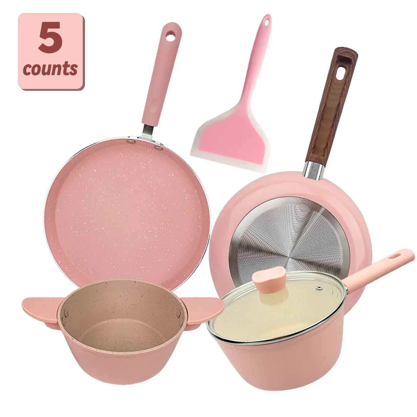 Pink Girly Non Stick Cookware Set, 4/5pcs Frying Pans Pots Set for Kitchen Home, All Stoves Available, Gift for Girl, Mom, Friends
