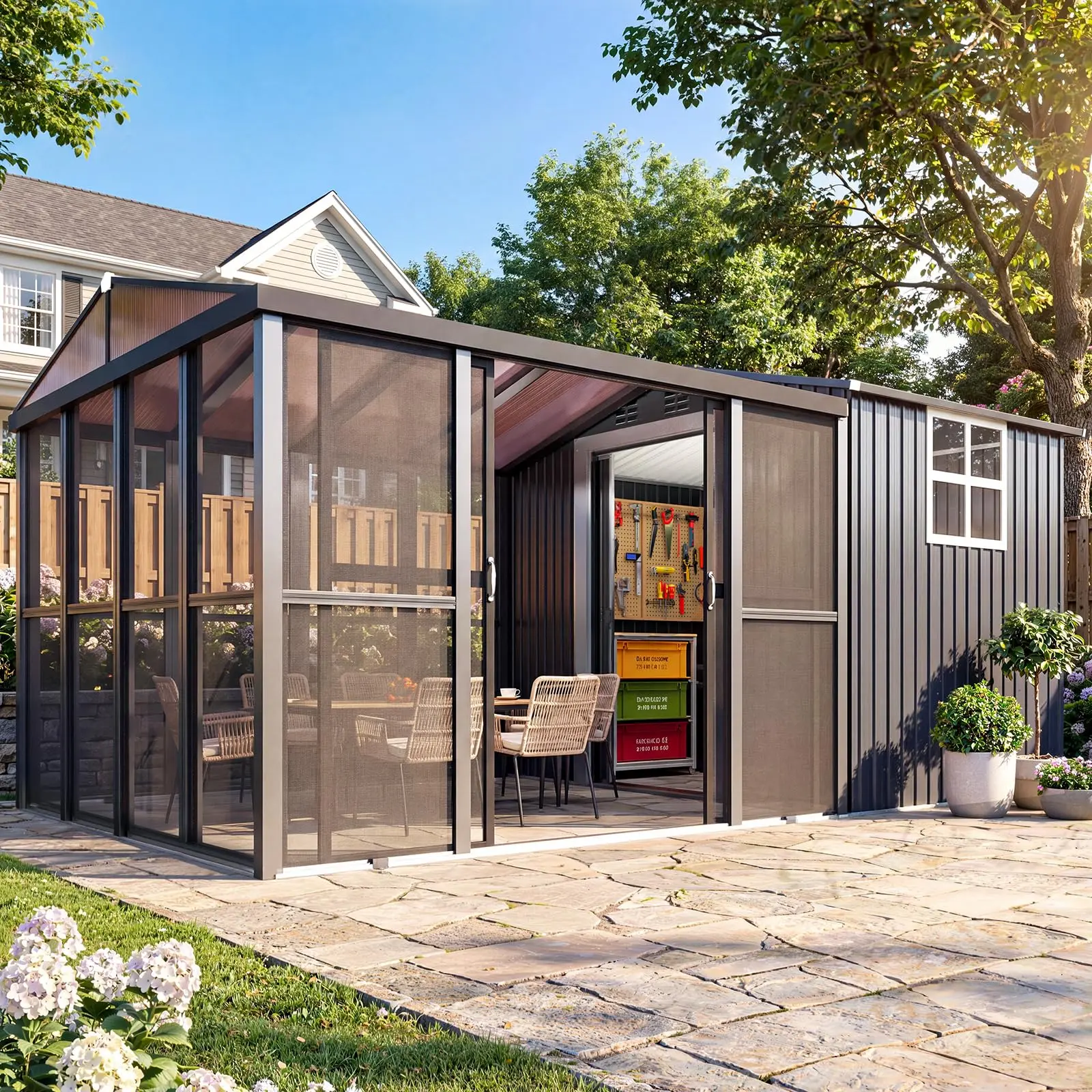 AECOJOY 10x10 Sunroom with 6x10 Shed with Window, 2-in-1 Patio Shelter | Sliding Screen Door, All-weather Aluminum & Metal Resist Rust, Polycarbonate Gazebo Roof, Versatile Enclosed Patio Greenhouse
