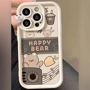 Happy Milk Tea Bear Fully Transparent Anti-Drop Soft Case, Simple and Premium Transparent Air Cushion, Compatible with iPhone 17 E Air Pro ProMax iPhone16 15 14 Plus 13 12 Mini 11 X XS XR