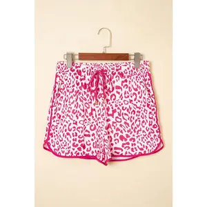 Pink Leopard Print Elastic Waistband Lace Up Contrast Trim Casual Shorts for Women Y2K Trendy Summer Leisure Bottoms with Stylish Design