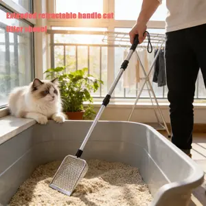 Extended Telescopic Handle Cat Litter Scoop with Adjustable 56.7cm-106cm Handle Practical Stainless Steel & Plastic Pooper Scooper for Home Farm Pet Owners