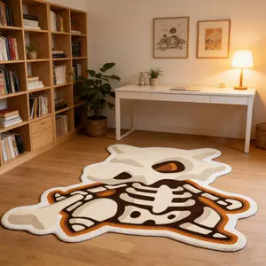 Cute skeleton cartoon shaped carpet, beige contrasting velvet floor mat, bedroom bedside anti slip and wear-resistant foot mat, children's room personalized decorative mat suitable for ins style/fun trendy home decoration, Cartoon Pattern Rug