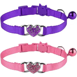 2 Pcs Cat Collars Heart Bling Breakaway with Bell Nylon Adjustable for Kitty (Pink+Purple)