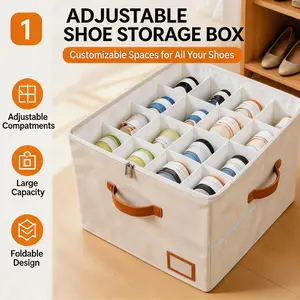 3-Pack Shoe Storage Organizer for Closet, Foldable Dustproof Storage Bins with Lids & Handles, Adjustable Compartments, Holds 24-48 Pairs, Space Saving Under Bed Storage, Beige