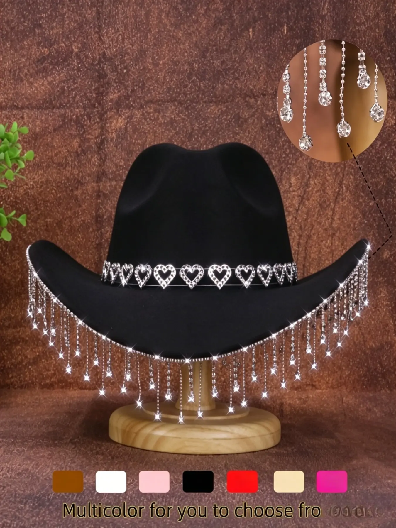 1PCS Unisex Boho Fitted Western Cowboy Hat with Glittering Rhinestones and Fringe Detail, All Seasons Wear, Perfect for Outdoor Events, Music Festivals, Parties, Cowgirl Hat, Cowboy Style Hat
