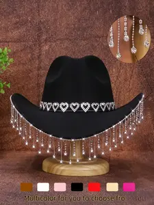 1PCS Unisex Boho Fitted Western Cowboy Hat with Glittering Rhinestones and Fringe Detail, All Seasons Wear, Perfect for Outdoor Events, Music Festivals, Parties