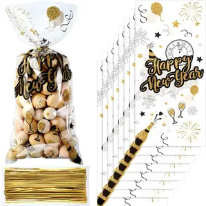 100 Piece Happy New Year Cellophane Treat Bags, Black & Gold New Year Eve Party Plastic Candy Bags Goodies Favor Bags with 100 Gold Twist Ties for 2026 Christmas Party Supplies