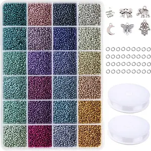 Size 2mm 12/0 Seed Beads About 15600 count, Small Seed Beads Supplies with Elastic String,Jump Ring and Charms for Making Earring,Bracelet and  (650Pcs/Color, 24 Colors)