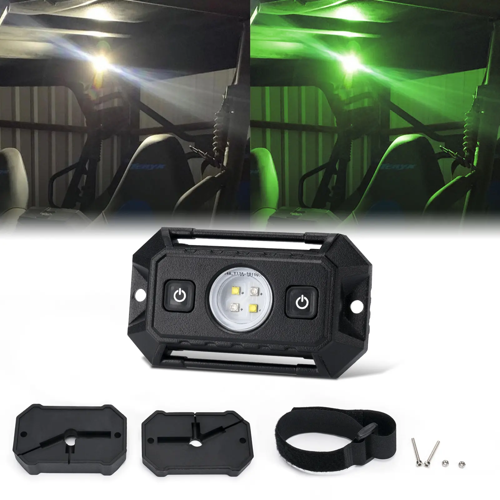 YCHOW-TECH 12V UTV Interior Light - Velcro Strips Tool-Free Roll Bar Cage Mount, Shockproof Dual-Mode White & Green Dome Floodlight, IP68 Rated, ON-OFF Switch, ATV Golf Carts Compatible for Outdoor Activities
