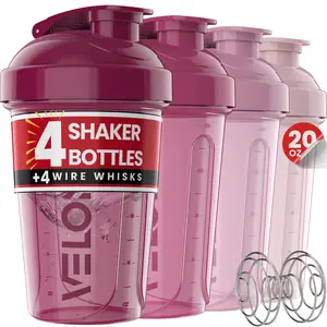 VELOMIX Berry Blend Protein Shaker Water Bottles, 20 Oz 4-Pack Gym Accessories, Leak-Proof BPA-Free Dishwasher-Safe Gym Stuff with Secure Twist Lid & Removable Whisk Ball for Mixes & Shakes