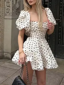 Women’s White Polka Dot Mini Dress, Puff Sleeve Ruffle Summer Dress for Women, Adjustable Strap Cute Graduation Dress, Birthday Party Dress, Beach Vacation Wedding Guest Outfit