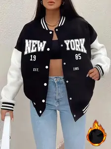 Women's New York 1985 Inspiration Fashion Baseball Jacket, Outerwear, Womenswear, &, New York Print Long Sleeve Casual Coat, Fitted Button Front Design