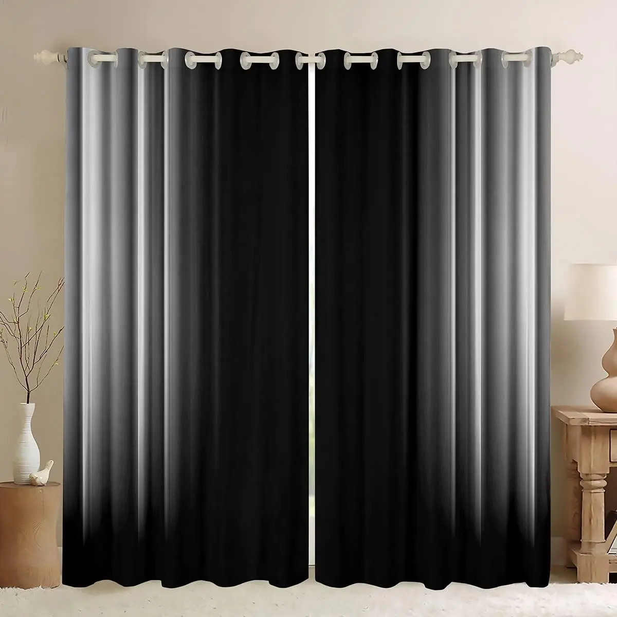 Feelyou Geometric Abstract Ombre Art Print Home Decoration Curtains - Grey, Black Striped with Black Accents, 2-Panel Privacy Grommet Drapes, Simple Modern Window Treatments for Living Room, Home Decoration Curtain, Privacy Grommet Curtains