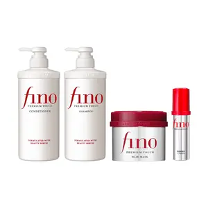 Fino Premium Touch Haircare Set - 4-Pack Repairing Comfort with Shampoo 550ml, Conditioner 550ml, Hair Mask 230g & Hair Oil 70ml for Damaged Hair Care - Thickening Essentials Duo