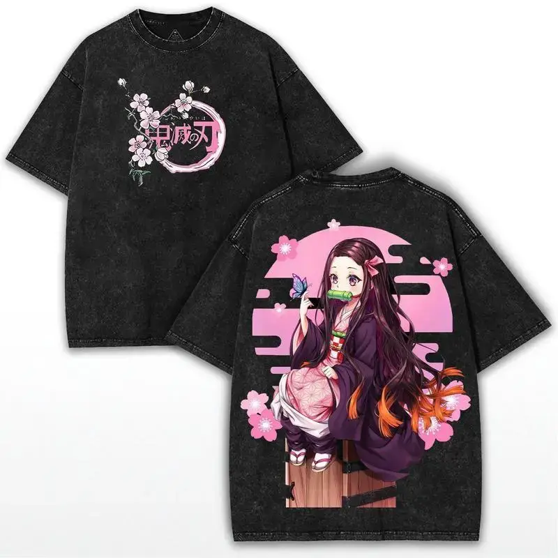 Vintage Washed Nezuko Kamado T-Shirt Demon Slayer Double Sided Pink Cherry Blossom Japanese Graphic Tee Oversized Anime Streetwear Short Sleeve Top For Anime Fans