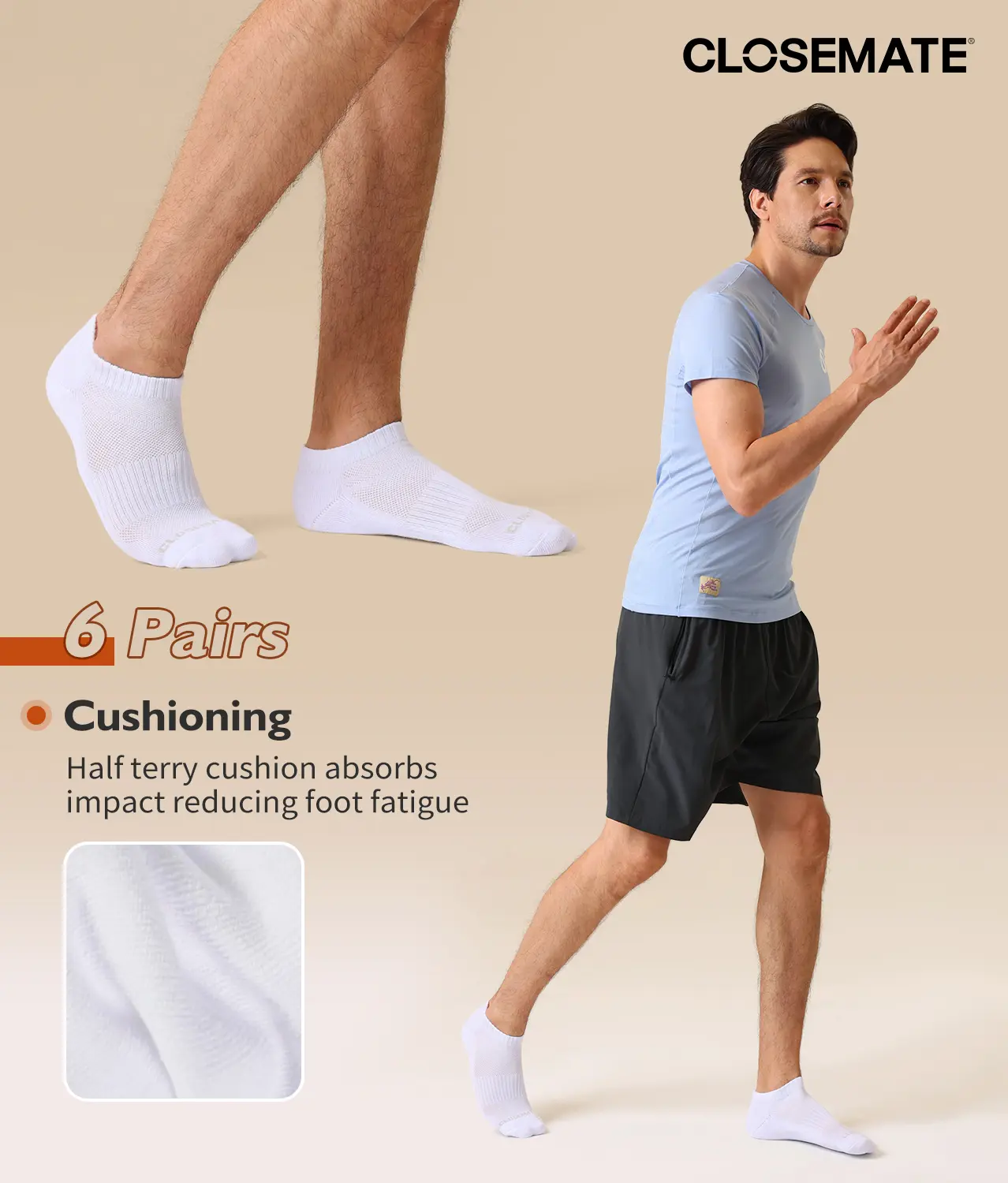 CLOSEMATE Ankle Socks for Men Breathable Cotton Socks Cushioned Socks for Running & Training 6 Pairs