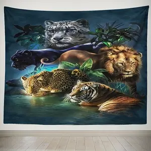 1 piece of magnificent jungle animal tapestry - white tiger, black leopard, lion, tiger and leopard wall art - peach velvet fabric - highly suitable for living rooms, bedrooms and interior decoration, tiger decoration