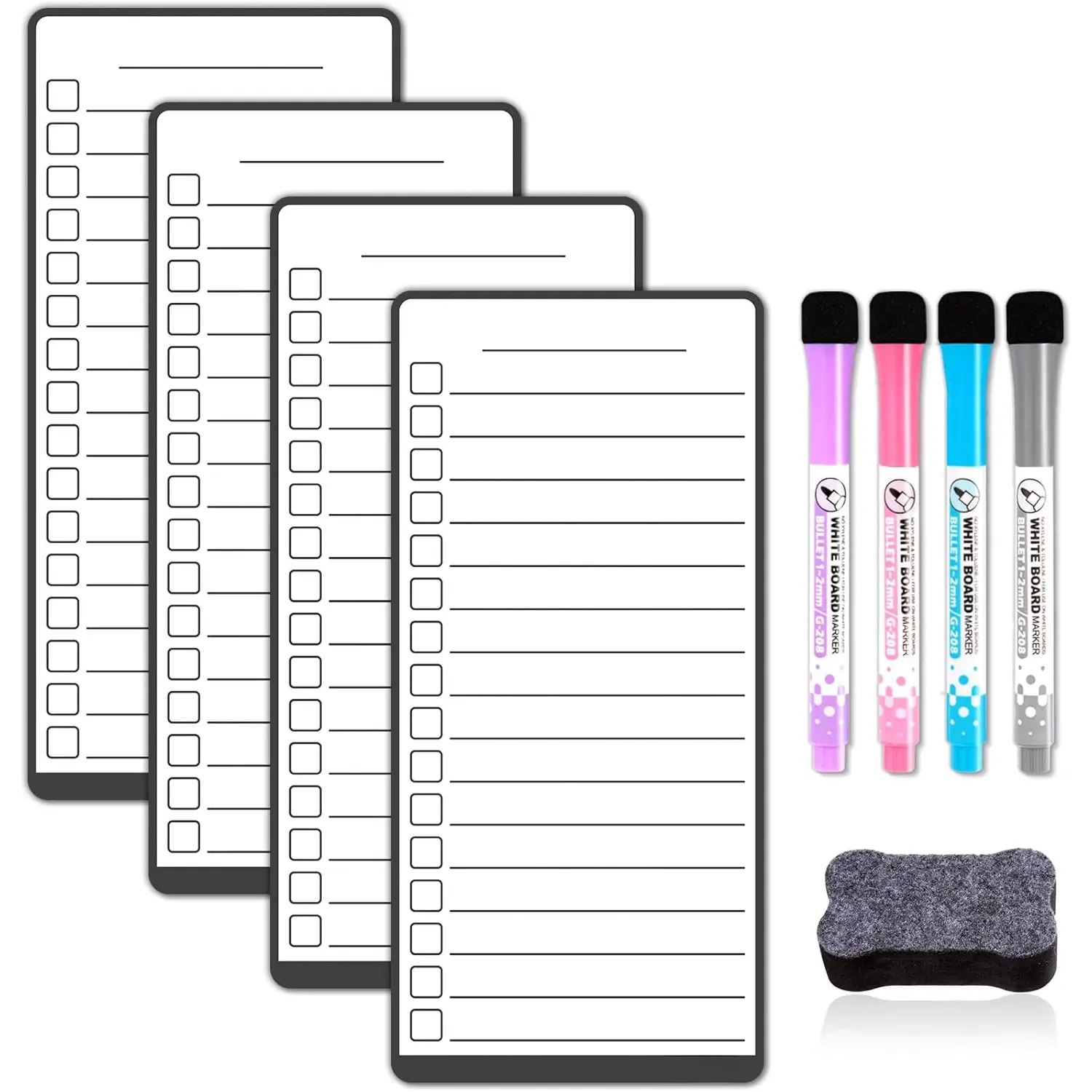 White Board for Fridge, Multifunctional Dry Erase List Board for Refrigerator - Set of 4  Grocery List Whiteboards, 4 Markers + Eraser