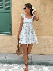 Women's French Vacation Ditsy Floral Square Neck Cap Sleeve Bowknot At Back Mini Dress Casual Boho Multicolor Backless Ruffle A-line Cami Silhouette - Fabric