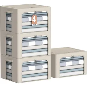 4 Pack Clothes Storage Bins - Oxford Fabric Metal Frame Storage Box - Foldable Stackable Container  Set with Clear Window & Carry Handles & Zippers (Beige, 15.7"x11.8"x7.8") door organizer