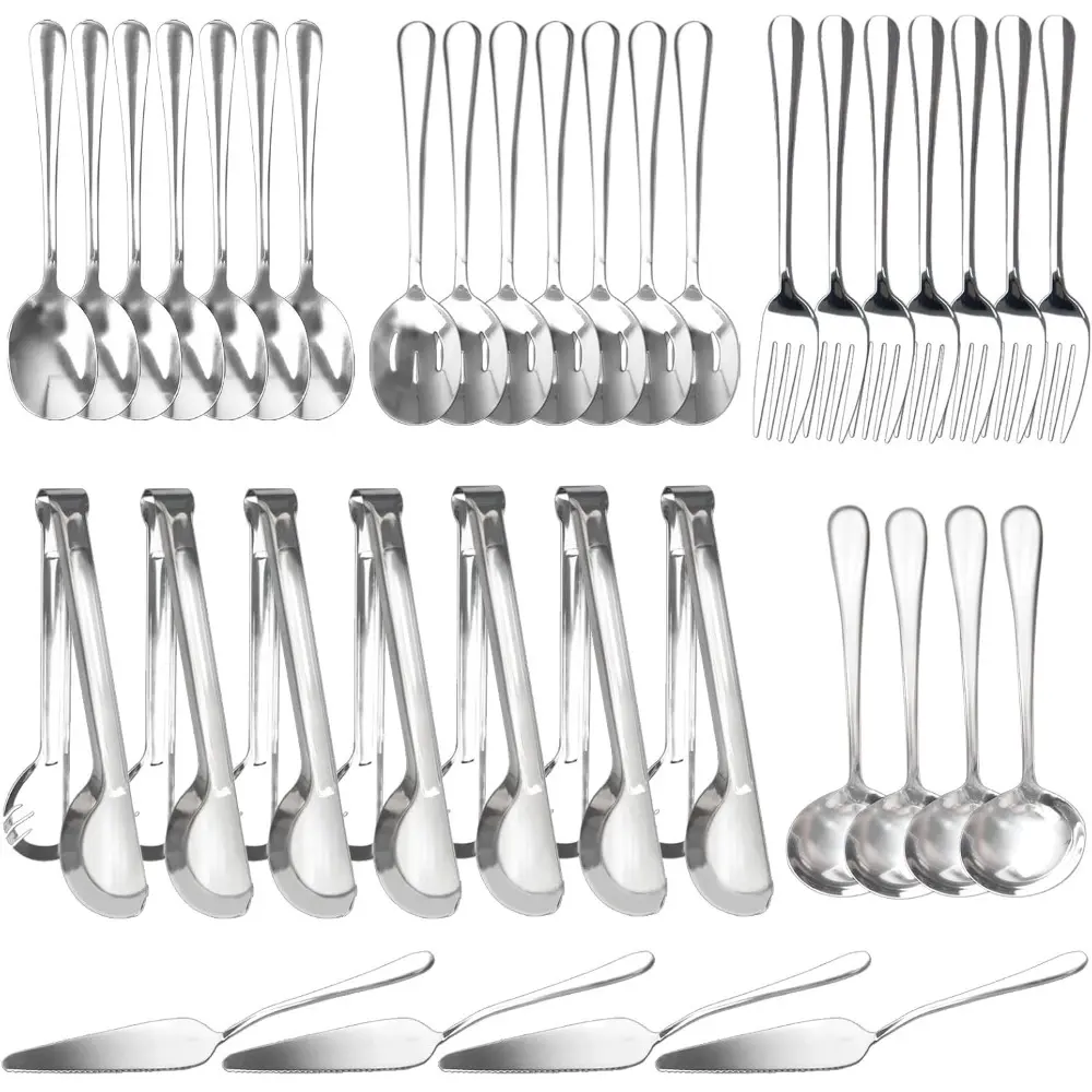 36 Pcs Stainless Steel Serving Utensils Set Silver Serving Flatware Set Include Large Serving Spoons Slotted Spoons Serving Forks Soup Ladle Pie Server and Tongs for kitchen Buffet Party Supplies Cutlery Tableware