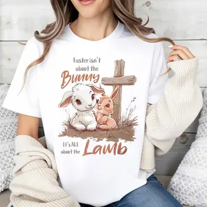 Casual Style Women's T-Shirt Easter Bunny And Lamb Religious Design Spring Season Gift For Christian Friends