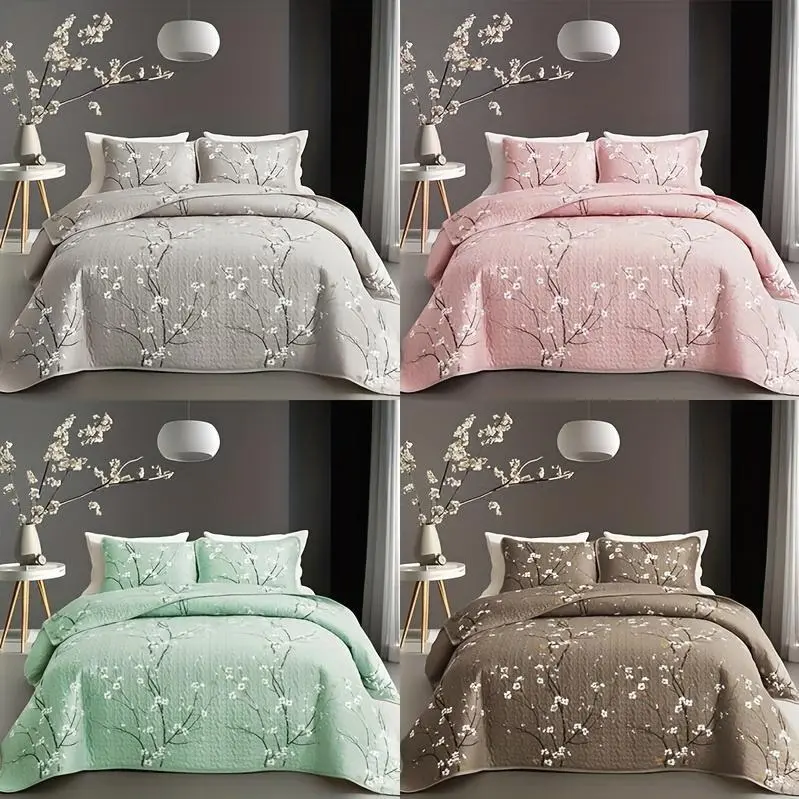 2/3pcs Multicolour Tree Branch Plum Blossom Quilted Quilt, 1pc Quilted Quilt+ 1/2pcs Pillowcases, Soft Breathable Comfortable Portability Hypoallergenic Machine Washable Bed Cover Bedding Room Decor, Twin/ Queen/ King Size