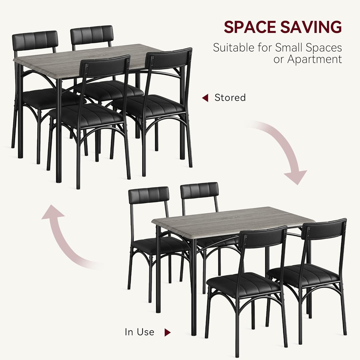 5-Piece Dining Table Set for 4, Modern Farmhouse Kitchen Table with 4 Upholstered Chairs, Space-Saving Dinette for Small Dining Room, Apartment, Breakfast Nook